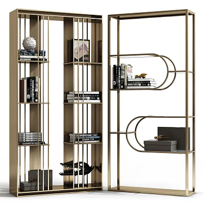 Elegant Modern Metal Storage Shelving Unit With Geometric Curved Frames Displaying Books And Decorative Items 3d model