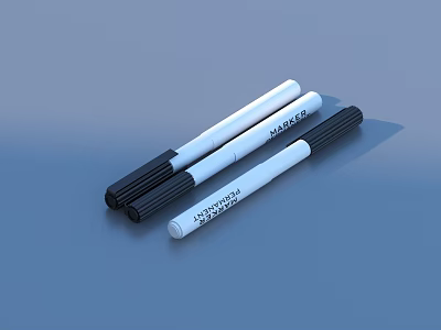 Three White Marker Pens With Black Caps On Blue Background Surface 3d model