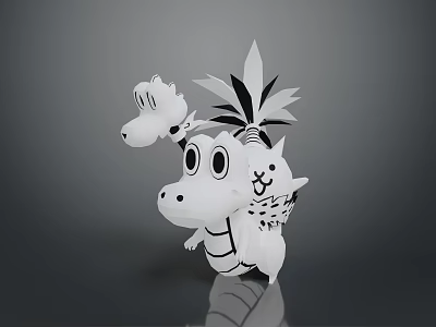 Black White Cartoon Dragon Game Movie Character With Big Eyes Leaf Decoration And Small Companions 3d model