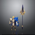 Blonde Warrior Character With Blue Mythical Creature Companion In Golden Armor
