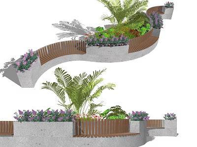 Outdoor Chair in Spiral Garden with Green Plants Flower Beds and Wooden Railings 3d model