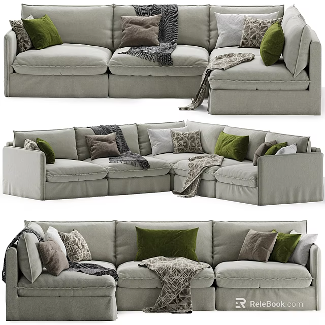 Light Gray L Shaped Sofa Set With Green Brown Cushions And Throw Blankets 3d model