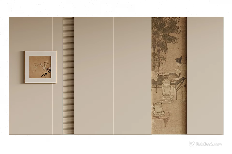 Beige Sofa Background Wall With Vertical Stripe Design Square Decorative Art And Traditional Painting Featuring Figures 3d model 