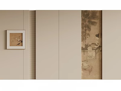 Beige Sofa Background Wall With Vertical Stripe Design Square Decorative Art And Traditional Painting Featuring Figures 3d model