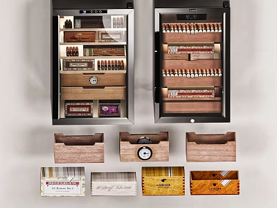 Household Cigar Storage Solutions With Humidor Cabinet And Multiple Decorative Boxes 3d model