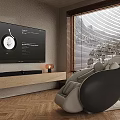 Beige Black Massage Chair in Modern Living Room with Large TV Wooden Stand Herringbone Floor