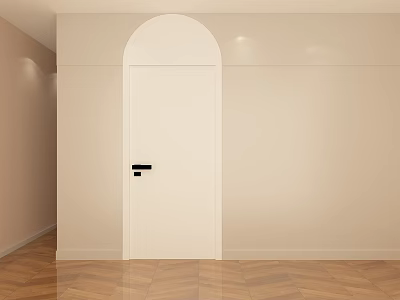 Minimalist Living And Dining Room With White Arched Door And Parquet Flooring 3d model