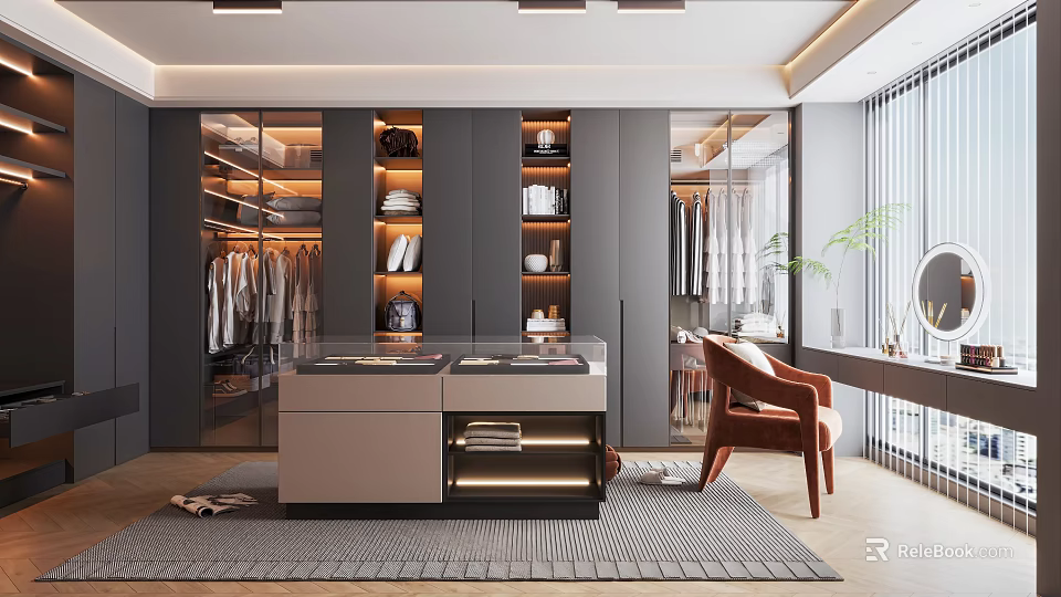 Modern Walk in Closet Interior With Built in Wardrobes And Island 3d model 