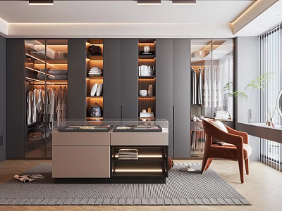 Modern Walk in Closet Interior With Built in Wardrobes And Island 3d model
