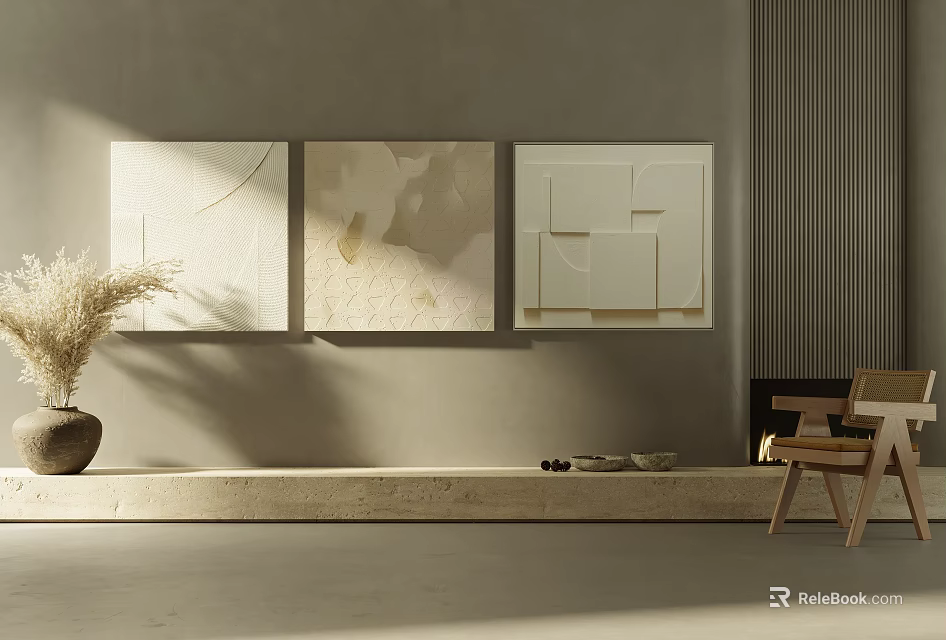 Neutral Interior With Abstract Artworks And Minimalist Decor 3d model
