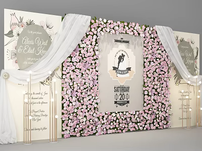 Romantic Floral Wedding Backdrop With Pink And White Flowers White Drapes And Wedding Signs 3d model
