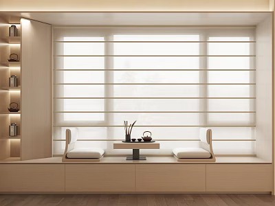 Minimalist Bay Window Design With Padded Seating Wooden Blinds And Small Table 3d model