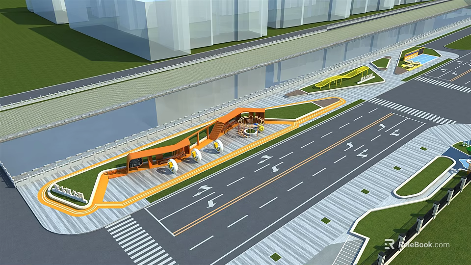 Modern Urban Road Facilities With Bus Stop Sidewalk Green Belt And Traffic Lines 3d model 