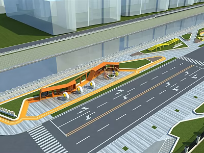 Modern Urban Road Facilities With Bus Stop Sidewalk Green Belt And Traffic Lines 3d model