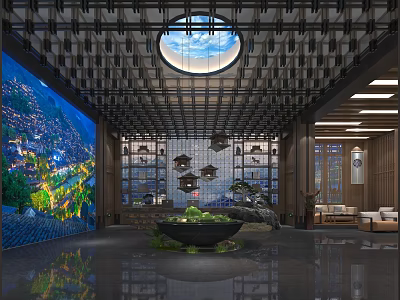 Modern Hotel Lobby Interior Design With Chandelier Reception Desk And Green Plants 3d model