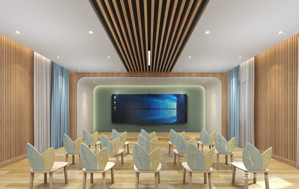 Kindergarten Indoor Area With Wooden Ceiling Large Screen And Child Friendly Chairs 3d model 