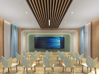 Kindergarten Indoor Area With Wooden Ceiling Large Screen And Child Friendly Chairs 3d model
