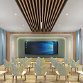Kindergarten Indoor Area With Wooden Ceiling Large Screen And Child Friendly Chairs