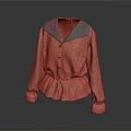 Pink Long Sleeve Blouse with Green Collar Decorative Buttons Ruffled Hem for Daily Use