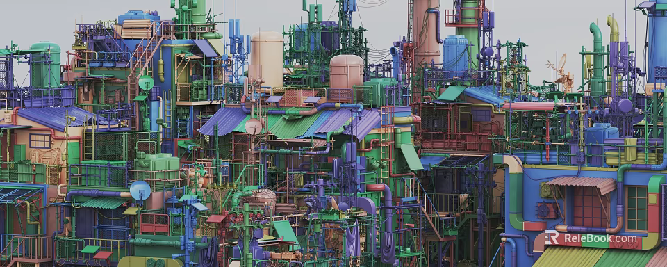 Vibrant Cartoon Scene With Colorful Industrial Structures Pipes Towers And Platforms 3d model 