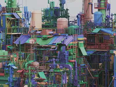 Vibrant Cartoon Scene With Colorful Industrial Structures Pipes Towers And Platforms 3d model