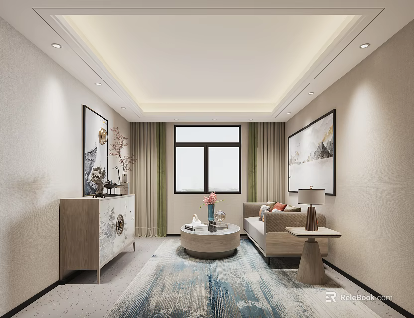 Elegant Hotel Public Lounge With Beige Walls Sofa Coffee Table And Decorative Paintings 3d model 