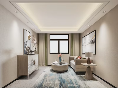 Elegant Hotel Public Lounge With Beige Walls Sofa Coffee Table And Decorative Paintings 3d model