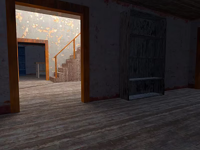 Dilapidated Room Interior Featuring Wooden Floor Peeling Plaster Walls Staircase And Old Cabinet 3d model
