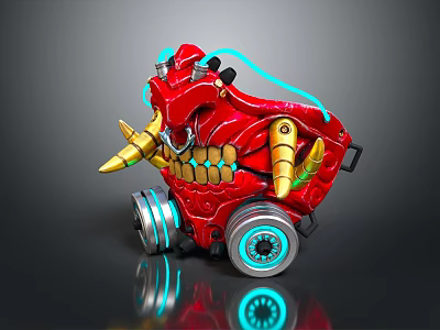 Red Mechanical Monster Toy With Glowing Blue Accents Gold Horns And Wheels 3d model