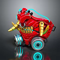 Red Mechanical Monster Toy With Glowing Blue Accents Gold Horns And Wheels