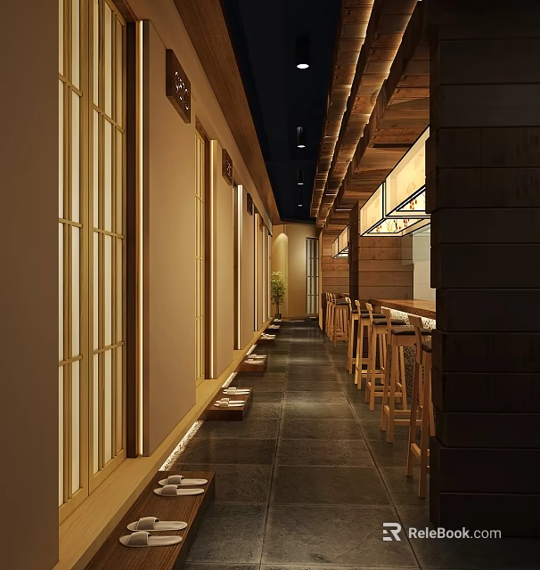 Japanese Restaurant Interior Design With Wooden Counter Seating And Sliding Doors 3d model 