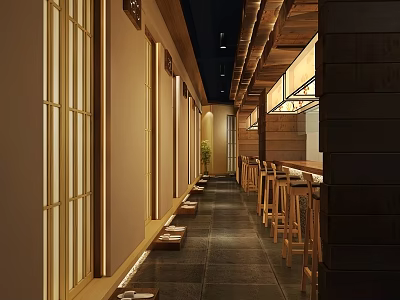 Japanese Restaurant Interior Design With Wooden Counter Seating And Sliding Doors 3d model
