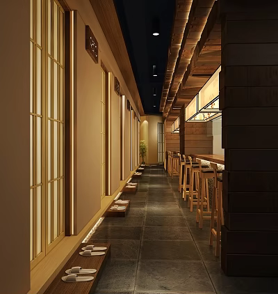 Japanese Restaurant Interior Design With Wooden Counter Seating And Sliding Doors 3d model