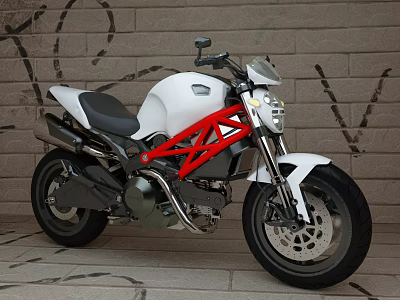 White Motorcycle With Red Frame Black Seat And Wheels Against Brick Wall Graffiti 3d model