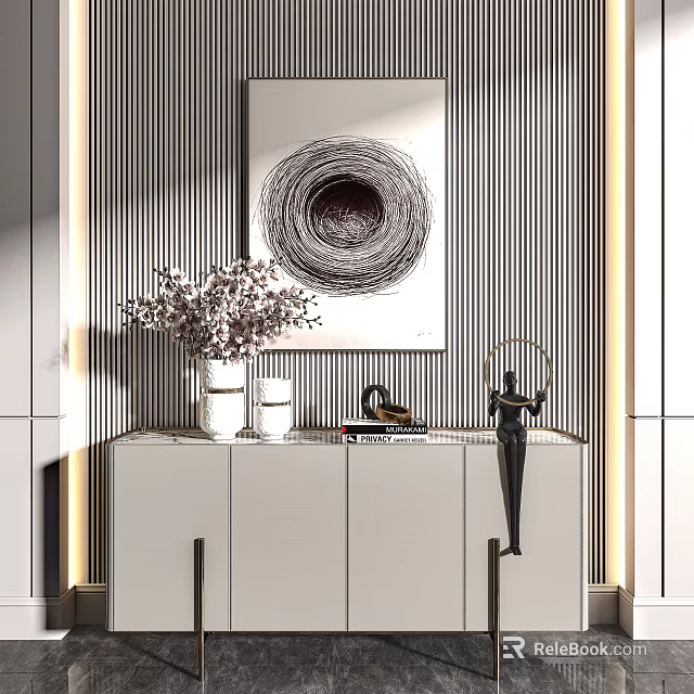 Modern Entryway Console Table and Side Cabinet with Decorative Vase Artwork and Lighting 3d model