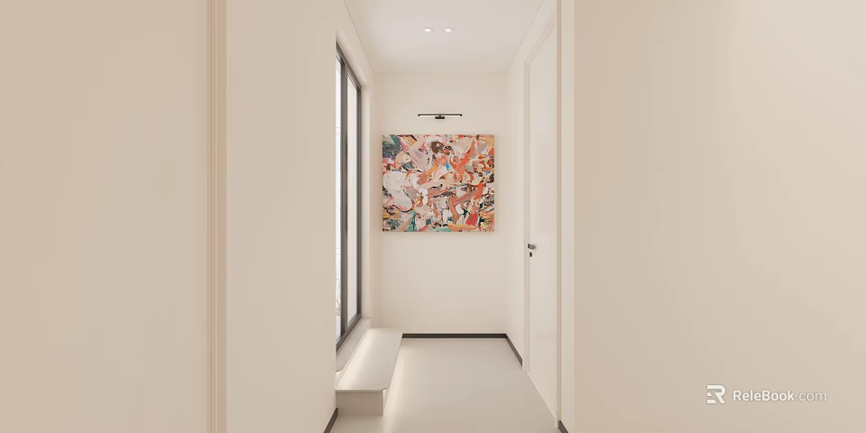 Minimalist Entryway Design With Colorful Wall Painting Wooden Bench And Natural Light 3d model 