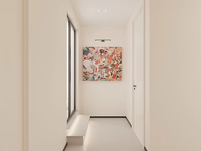 Minimalist Entryway Design With Colorful Wall Painting Wooden Bench And Natural Light 3d model