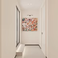 Minimalist Entryway Design With Colorful Wall Painting Wooden Bench And Natural Light