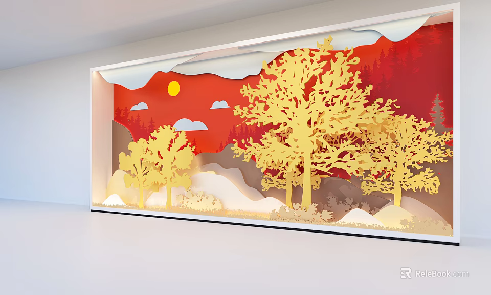 3D Layered Paper Art Installation With Red Background Golden Trees Sun Clouds And Mountains 3d model 