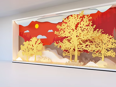 3D Layered Paper Art Installation With Red Background Golden Trees Sun Clouds And Mountains 3d model