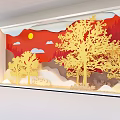 3D Layered Paper Art Installation With Red Background Golden Trees Sun Clouds And Mountains