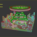 Futuristic Urban Landscape with Spiral Blue Light Circular Platform and Cityscape Base