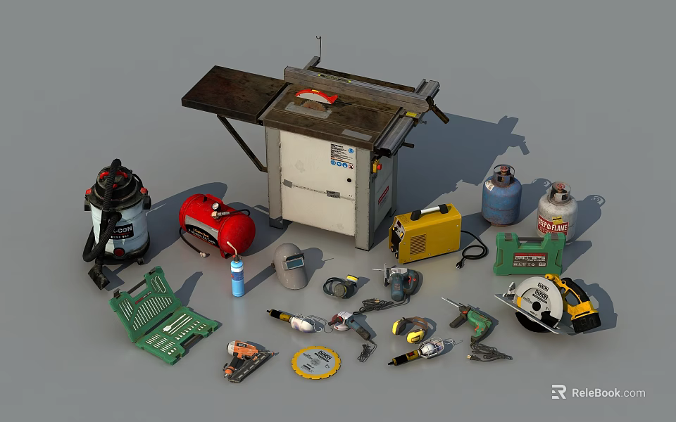 Professional Industrial Equipment Including Table Saw Power Tools Safety Gear And Storage 3d model 