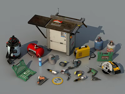 Professional Industrial Equipment Including Table Saw Power Tools Safety Gear And Storage 3d model