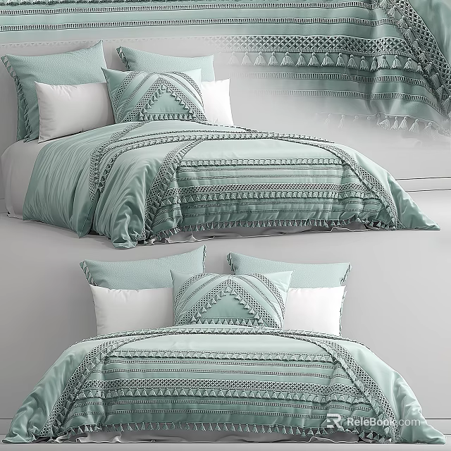 Light Green Striped Double Bed Bedding Set With Tassel Decorations And Pillows 3d model 