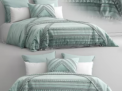 Light Green Striped Double Bed Bedding Set With Tassel Decorations And Pillows 3d model