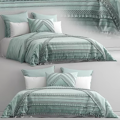Light Green Striped Double Bed Bedding Set With Tassel Decorations And Pillows 3d model