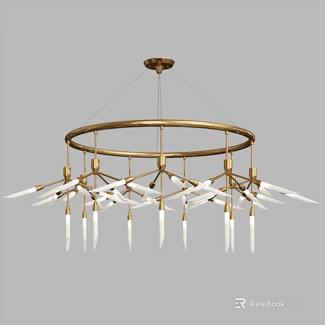 Unique Modern Chandelier Featuring Brass Circular Frame And White Light Arms Design 3d model