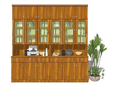 Classic Wooden Bookcase With Glass Doors And Storage Cabinets Near Potted Plant 3d model