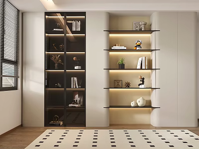 Modern Bookcase Design With Glass Doors Books Decorative Plants And LED Lighting 3d model